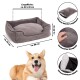 Graues Haustierbett mit Abmessungen und Eigenschaften, einschließlich eines wendbaren Kissens, weichem Stoff und abnehmbarem Füllmaterial, mit einem glücklichen Corgi im Vordergrund.