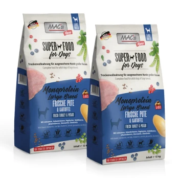 Zwei Tüten von MAC's Mono Super Food für Hunde, "Monoprotein Große Rasse" mit Truthahn und Kartoffel, die Nährwertangaben zeigen.