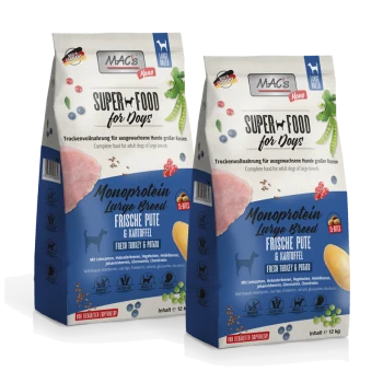 Zwei Tüten von MAC's Mono Super Food für Hunde, "Monoprotein Große Rasse" mit Truthahn und Kartoffel, die Nährwertangaben zeigen.