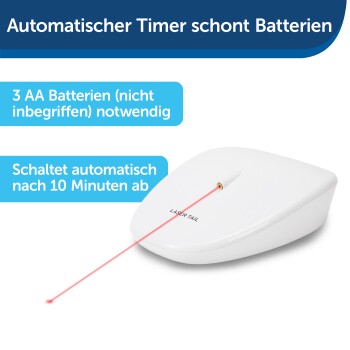 Automatisches Laser-Spielzeug für Haustiere, mit rotem Laserstrahl, benötigt 3 AA-Batterien, schaltet nach 10 Minuten ab.