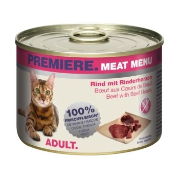 Dose Katzenfutter mit einer getigerten Katze, beschriftet mit "Premiere Meat Menu," mit "Rindfleisch mit Rinderherzen" und "100% Frisches Fleisch".