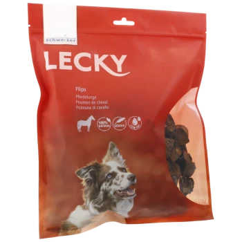 Rote Verpackung von LECKY Flips Hundeleckerlis mit einem Border Collie mit blauen Augen. Der Text enthält "100% NATURAL," "SENSIC," und "LOW FAT."