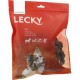 Rote Verpackung von LECKY Flips Hundeleckerlis mit einem Border Collie mit blauen Augen. Der Text enthält "100% NATURAL," "SENSIC," und "LOW FAT."