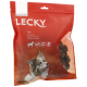 Emballage rouge des friandises pour chiens LECKY Flips présentant un border collie aux yeux bleus. Le texte inclut "100% NATUREL," "SENSIC," et "FAIBLE EN GRAS."