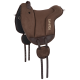 Braunes Reitpad mit "EQUINATE"-Logo, mit gepolsterten Abschnitten und verstellbaren Riemen für einen sicheren Sitz.