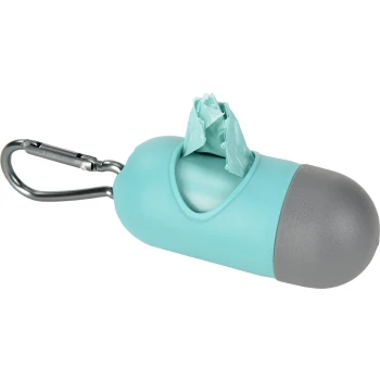 Support de sacs à crottes avec 20 sacs Distributeur de sacs à déchets pour animaux de compagnie teal et gris avec un clip carabine, partiellement rempli de sacs à déchets bleu clair.