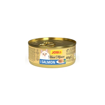JosiCat Finest Mousse Katzenfutter mit Lachs, getreidefreie Rezeptur, ohne Zuckerzusatz, 85g Dose, Serviervorschlag gezeigt.