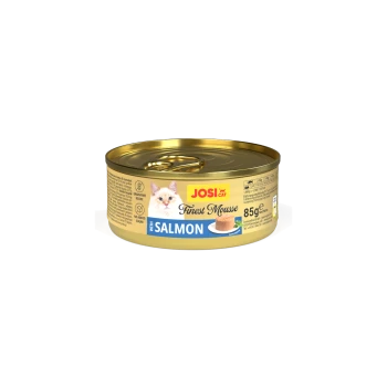 JosiCat Finest Mousse Katzenfutter mit Lachs, getreidefreie Rezeptur, ohne Zuckerzusatz, 85g Dose, Serviervorschlag gezeigt.