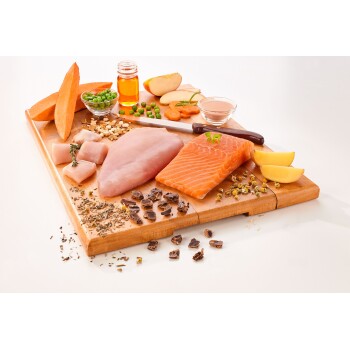 Ein Holzschneidebrett hält rohes Hühnchen, Lachs, Süßkartoffel, Erbsen, Apfelscheiben, Kräuter, Honig und eine Schüssel mit Pulver.