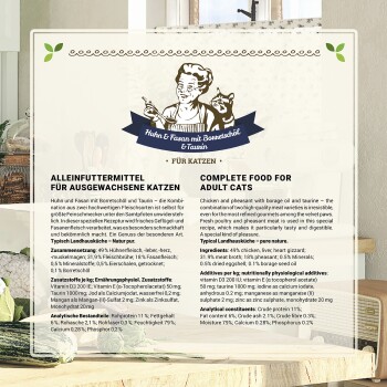 Vollwertnahrung für erwachsene Katzen mit Huhn und Fasan, mit Borretschöl und Taurin. Zutaten und Nährwertinformationen sind enthalten.
