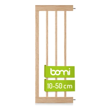 Holztiergitter mit vertikalen Latten, mit einem grünen Etikett, das 'bomi' und '10-50 cm' für die verstellbare Breite anzeigt.