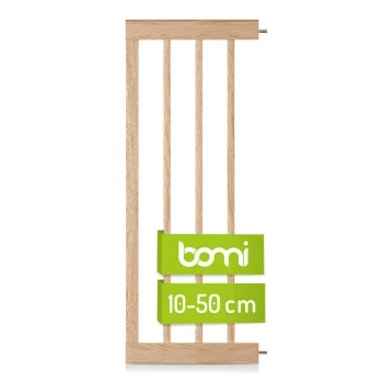 Holztiergitter mit vertikalen Latten, mit einem grünen Etikett, das 'bomi' und '10-50 cm' für die verstellbare Breite anzeigt.