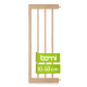 Holztiergitter mit vertikalen Latten, mit einem grünen Etikett, das 'bomi' und '10-50 cm' für die verstellbare Breite anzeigt.