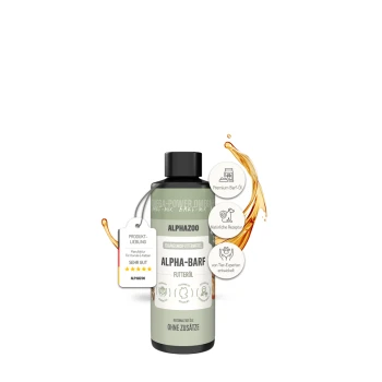 Flasche Alphazoo Alpha-Barf Haustierfutteröl mit Spritzern und Etiketten, die natürliche Rezeptur und fachkundige Entwicklung hervorheben.
