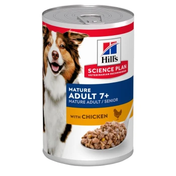 Dosenfutter für Hunde von Hill's Science Plan, mit der Aufschrift "Mature Adult 7+" mit Huhn, mit einem lächelnden Hund auf der Vorderseite.