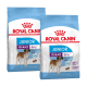 Zwei Beutel Royal Canin Junior Giant Hundefutter, jeweils für Hunde über 45 kg beschriftet, mit einer Illustration eines Bernhardiners und ernährungsbezogenen Angaben.