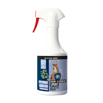 Eine Sprühflasche mit dem Etikett "ParasitenSchutz Spray" mit einem pinken Herzdesign und haustierbezogenen Symbolen, mit Sicherheits- und Anwendungshinweisen.
