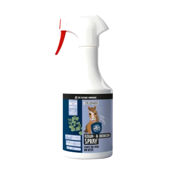 Eine Sprühflasche mit dem Etikett "ParasitenSchutz Spray" mit einem pinken Herzdesign und haustierbezogenen Symbolen, mit Sicherheits- und Anwendungshinweisen.