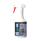 Eine Sprühflasche mit dem Etikett "ParasitenSchutz Spray" mit einem pinken Herzdesign und haustierbezogenen Symbolen, mit Sicherheits- und Anwendungshinweisen.