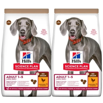 Zwei Tüten Hill's Science Plan Hundefutter, beschriftet mit 'Adult 1-5 Large 25KG+' mit 'No Grain' und 'Huhn #1 Zutat' deutlich angezeigt.