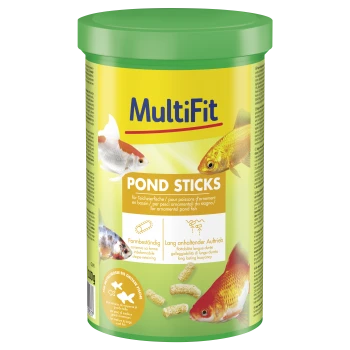 MultiFit Teich-Sticks Fischfutter für Zierfische, formstabil, langanhaltender Auftrieb, 100g Behälter mit Bildern von Koi-Fischen.