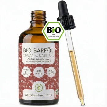 Drei Flaschen BIO Barf Öl für Haustiere, mit Omega 3-6-9 und natürlichem Vitamin E, neben einer Pappschachtel mit Grafiken zur Tierpflege.