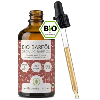 Drei Flaschen BIO Barf Öl für Haustiere, mit Omega 3-6-9 und natürlichem Vitamin E, neben einer Pappschachtel mit Grafiken zur Tierpflege.