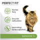 Un chat tabby brun duveteux se tient fièrement avec des icônes montrant "Cœur fort," "Cellules saines," et "Soutient la mobilité" pour les seniors de 7 ans et plus.