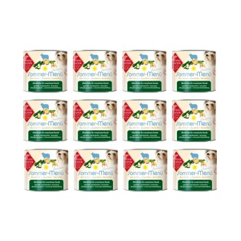 Zwölf Dosen "Sommer-Menü" Hundefutter, mit Zutaten wie Lamm, Zucchini und Kartoffeln, mit deutschem Text über die Ernährung von erwachsenen Hunden.