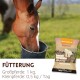 Pferd frisst aus einem Eimer neben einem 20-kg-Sack Supravit Pferdefutter mit Fütterungshinweisen in deutscher Sprache.