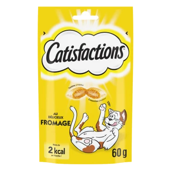 Emballage de friandises pour chats "Catifications" avec un chat de dessin animé et des friandises au fromage. Texte : "Au délicieux fromage," "Moins de 2 kcal," "60 g."