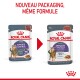 Deux sachets de nourriture pour chats Royal Canin avec un nouvel emballage, mettant en avant "NOUVEAU PACKAGING, MÊME FORMULE" et "APPETITE CONTROL 90%".