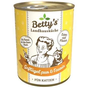 Dose mit Betty's Landhausküche Katzenfutter, mit einem gelben Design und einer Kochillustration, beschriftet mit "Geflügel pur & Taurin" und "Für Katzen."