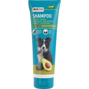 AniOne Wild hondenshampoo tube met 'SHAMPOO', natuurlijke oliën; avocado-olie, vegan; afbeelding van een border collie en een avocado.