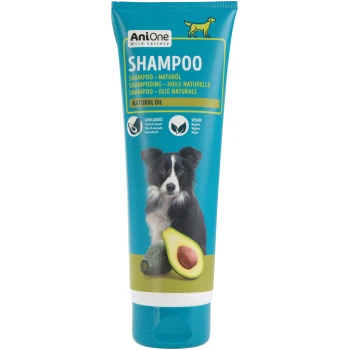 AniOne Wild hondenshampoo tube met 'SHAMPOO', natuurlijke oliën; avocado-olie, vegan; afbeelding van een border collie en een avocado.
