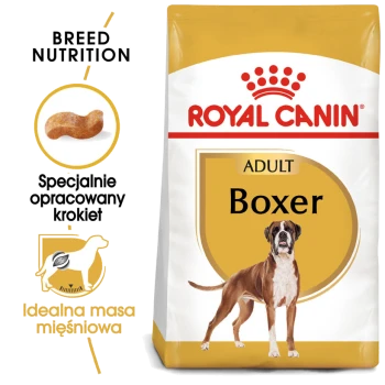 Torba z karmą dla psów Royal Canin Adult Boxer z obrazkiem psa rasy Boxer, z tekstem podkreślającym odżywianie rasy i specjalnie opracowaną karmą.