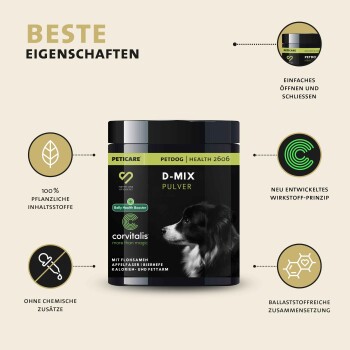 Bild eines schwarzen Behälters mit der Aufschrift "DIÄT-MIX PULVER," das 100% pflanzlich, ohne Zusatzstoffe und einen neuen Wirkstoff hervorhebt.