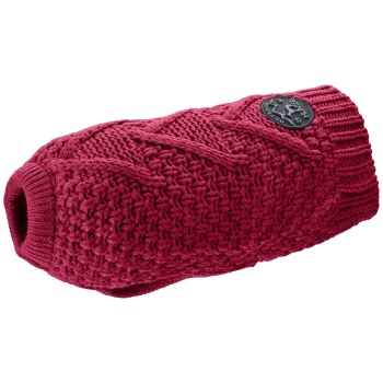 Ein gemütlicher roter gestrickter Pullover für Haustiere, mit einem strukturierten Muster und einem schwarzen Logo-Patch an der Seite.