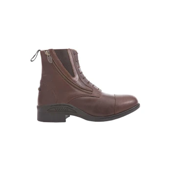 Brauner Leder-Ankle-Boot mit einem seitlichen Reißverschluss und Schnürung, mit einer abgerundeten Zehe und einem niedrigen Absatz.