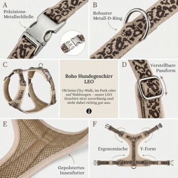 Boho-Hundegeschirr mit Leopardenmuster, Metallverschluss, D‑Ring und verstellbaren Riemen; zeigt den Text „Boho Hundegeschirr LEO“.