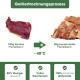 Bild eines Haustier-Leckerlis-Glases mit der Aufschrift "Kau Das" und Fütterungsempfehlungen basierend auf dem Gewicht des Hundes, die tägliche Portionen detailliert.