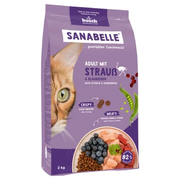 Katzenfutterbeutel mit dem Gesicht einer Katze, beschriftet "SANABELLE Adult mit Strauß & Blaubeeren," mit 82% Fleisch und Zutaten wie Strauß und Blaubeeren.