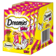 Verpakking van Dreamies Mix kattensnoepjes, met een speelse kattenillustratie, felgele en roze verpakking, en een streepjescode.