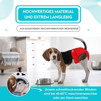 Ein Beagle in einer roten Windel steht neben einer Edelstahlschüssel in einem hellen Raum und zeigt die Qualität des Produkts sowie die Pflegehinweise.