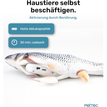 Ein plüschiger Fischspielzeug mit einem versteckten Gerät im Inneren, mit Text über hohe Batteriekapazität und 90-minütiger Ladezeit, von PetTec.