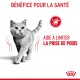 Un chat gris marchant avec une posture saine, accompagné de textes indiquant "BÉNÉFICE POUR LA SANTÉ" et "AIDE À LIMITER LA PRISE DE POIDS."