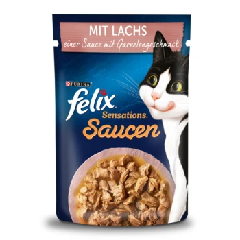 Verpackung für Katzenfutter mit Felix Sensationen mit Lachs in einer Sauce, zeigt eine Schüssel mit zerrissenem Fleisch und einem verspielten Katzenbild.