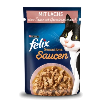 Verpackung für Katzenfutter mit Felix Sensationen mit Lachs in einer Sauce, zeigt eine Schüssel mit zerrissenem Fleisch und einem verspielten Katzenbild.