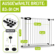 Haustiersicherheitsgitter mit verstellbarer Breite (83-91 cm), Höhe (77 cm) und enthaltenem Montagematerial. Abmessungen und Merkmale beschriftet.