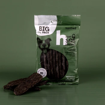 Hundeleckerlis in einer grünen Tüte mit dem Aufdruck 'hanfred' und dem Gesicht eines Hundes, mit den Texten 'BIG PACK' und 'HANF SOS STANGEN', mit verstreuten Stücken.